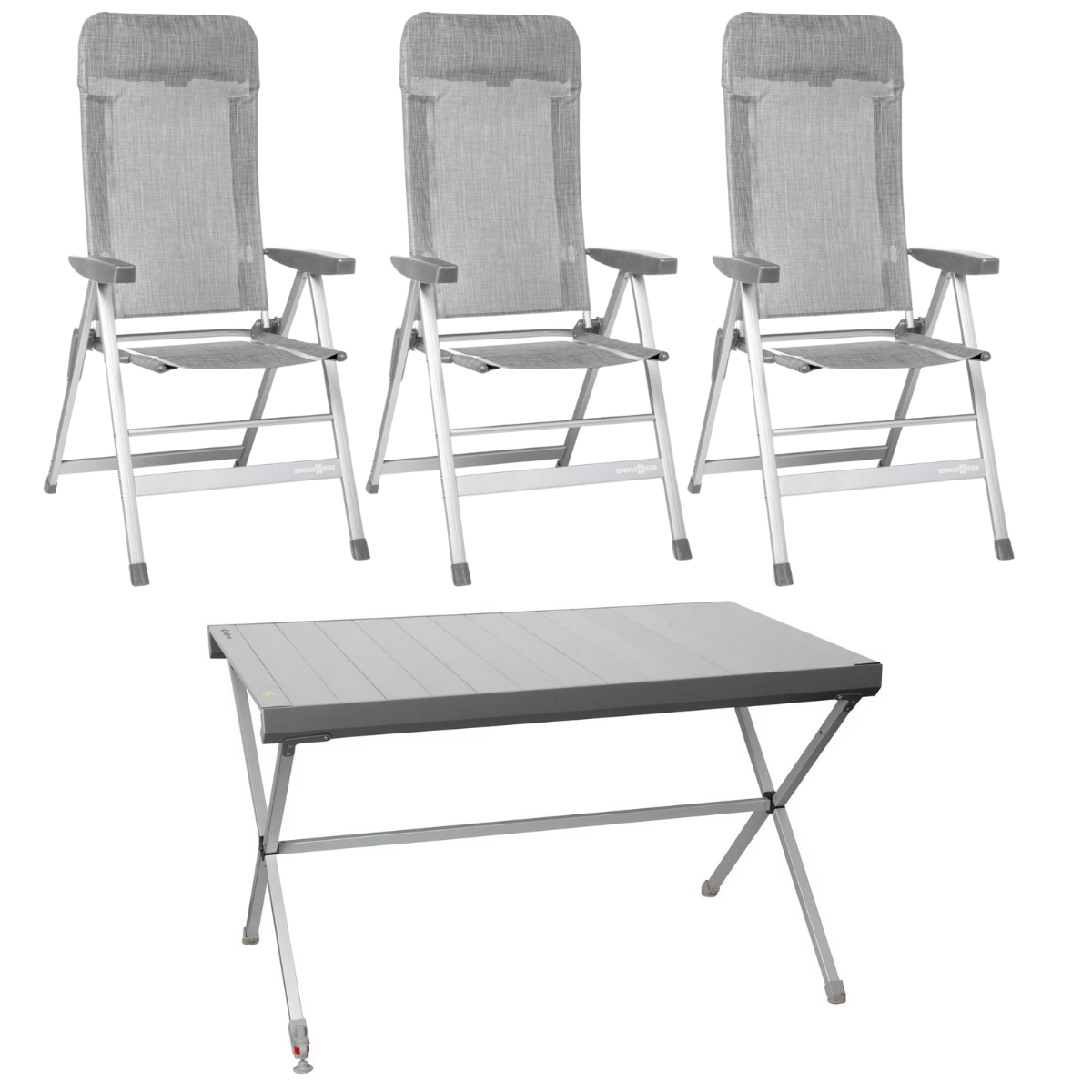 BRUNNER Campingstuhl SKYE Hellgrau 3er-Set - Rolltisch TITANIUM AXIA 4 122x76 cm - 0404063N.C53 0406098N