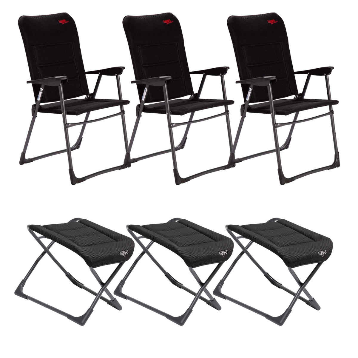 CRESPO Campingstuhl Air Deluxe AP-218-ADS schwarz - freistehende Beinauflagen AP-231-AD 3er-Set - 1148301 1149450