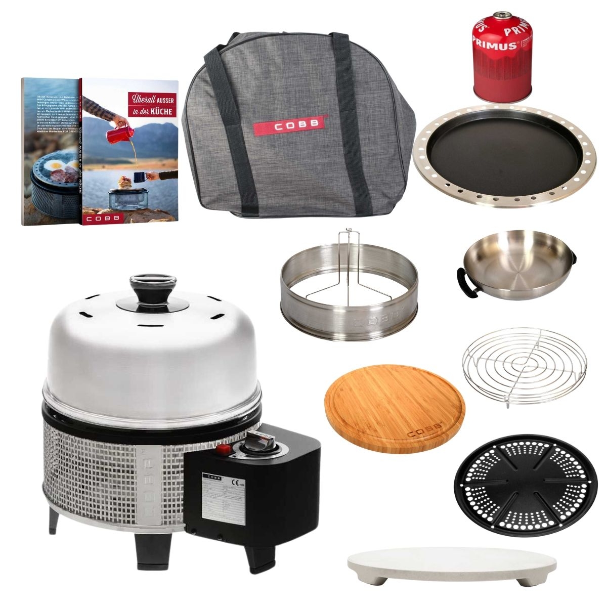 COBB Gas Deluxe 2.0 und Griddle Premier - und Bratenrost- Bratpfanne- Grillplatte- Pizzastein- Tasche- Schneidbrett- Deckelverlaengerung und Kochbuch und  Wok und Gaskartusche