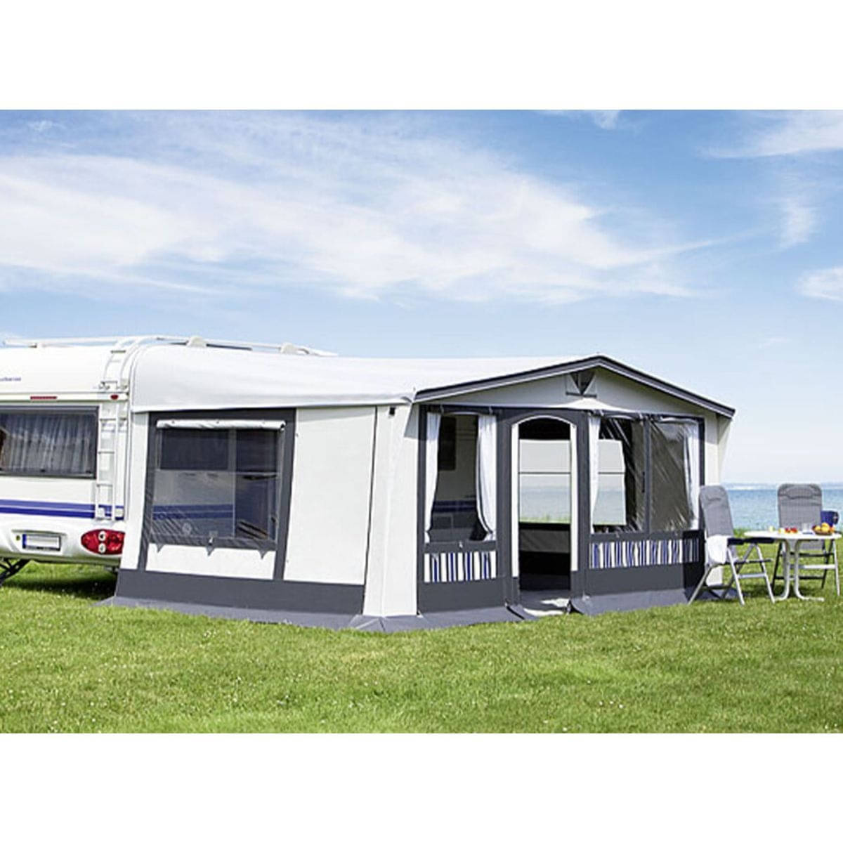 DWT Wohnwagen-Vorzelt TANGO Gr. 18 Umlaufmass 1061-1090 cm Tiefe 240 cm mit 32mm Alu-Gestaenge - 128218A32