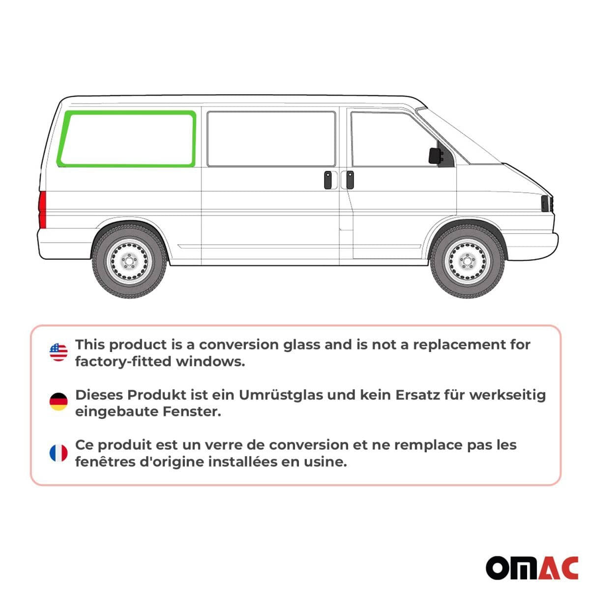OMAC Seitenfenster Seitenscheibe VW T4 L2 Bj. 1990-2003 Hinten Rechts OMAC Seitenfenster Seitenscheibe VW T4 L2 Bj. 1990-2003 Hinten Rechts - 7521405L-1RSFR