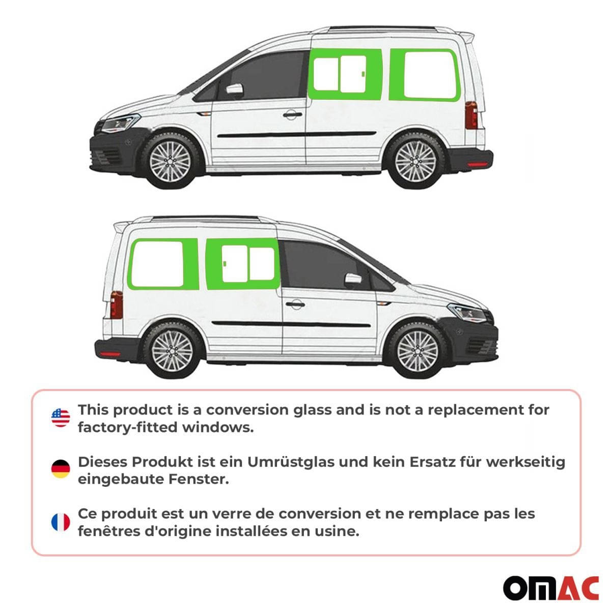 OMAC Seitenfenster Schiebefenster VW Caddy III-IV L1 Bj. 2003-2020 Komplett-Set 4er-Set - G002397