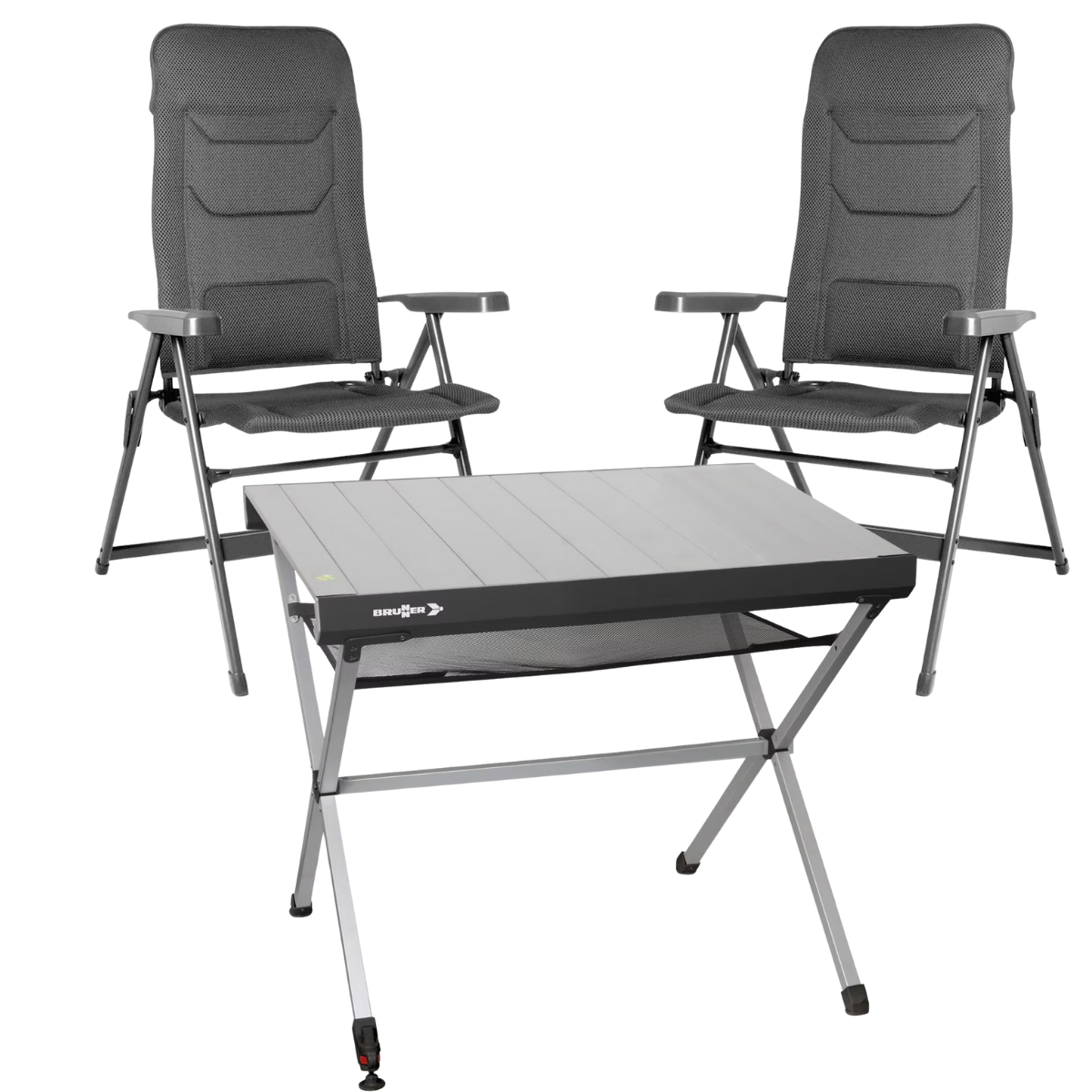 BRUNNER Campingstuhl ARAVEL VITACHIC 3D - L Dunkelgrau 2er-Set - Rolltisch TITANIUM AXIA 2 104x62 cm - 0404065N.C69L 0406097N