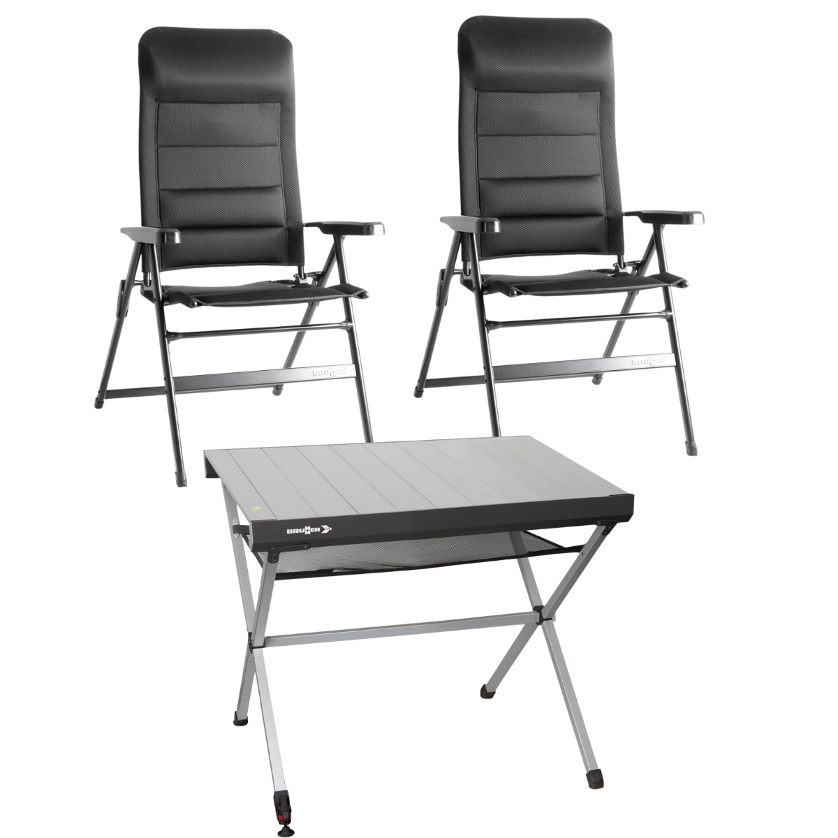 BRUNNER Campingstuhl ARAVEL 3D - L Schwarz 2er-Set - Rolltisch TITANIUM AXIA 2 104x62 cm - 0404065N.C09L 0406097N