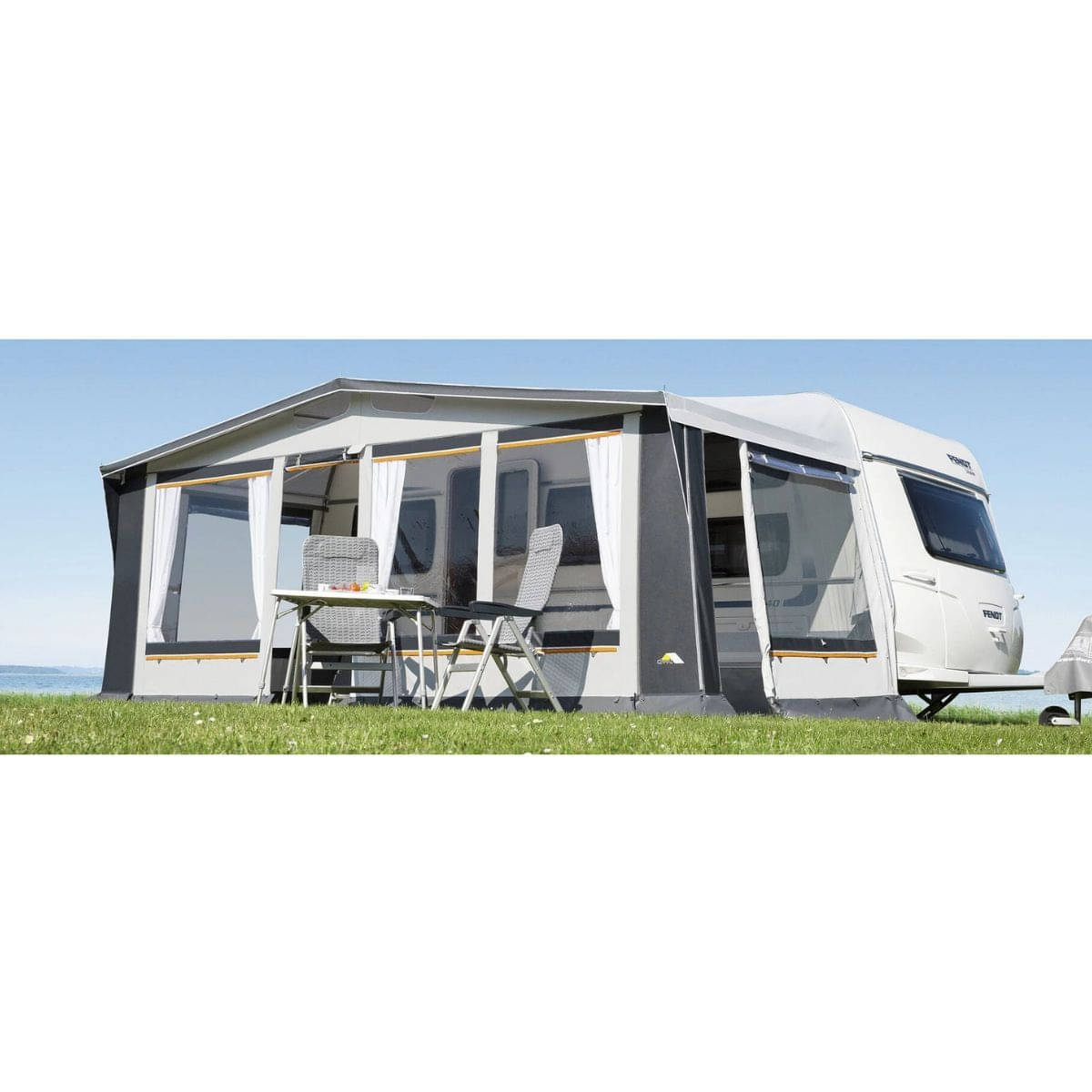 DWT Wohnwagen-Vorzelt PRINZ PLUS Gr. 14 Umlaufmass 941-970 cm Tiefe 240 cm Spar-Paket Stahlgestaenge - 126024SP0