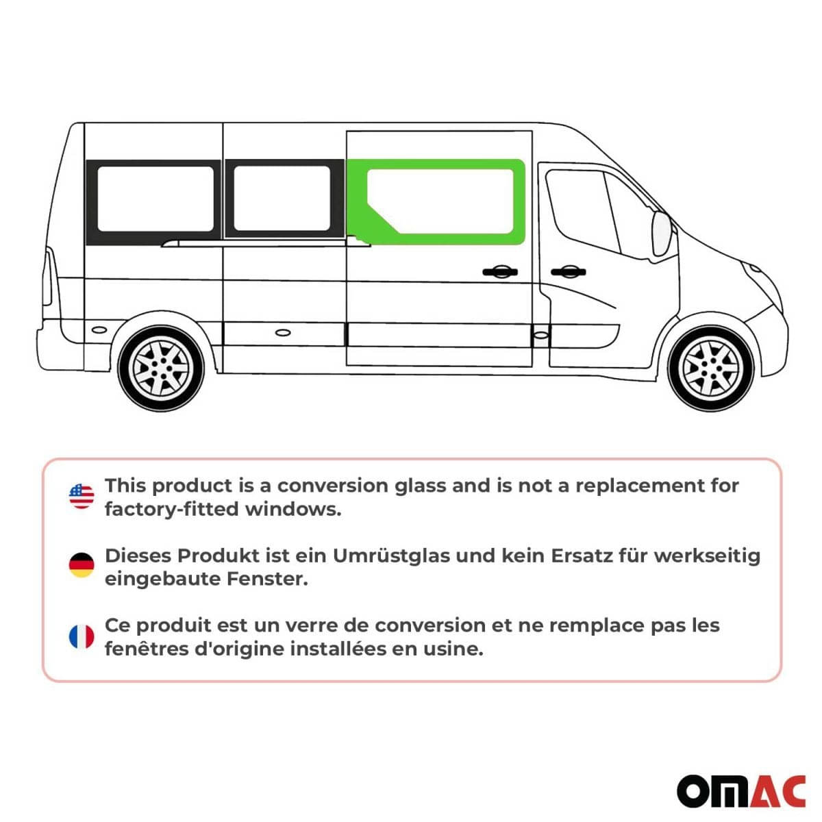 OMAC Seitenfenster Seitenscheibe Opel Movano L2-L3-L4 Bj. 2010–2021 Schiebetuer Rechts - 6125405L-1FSDFR