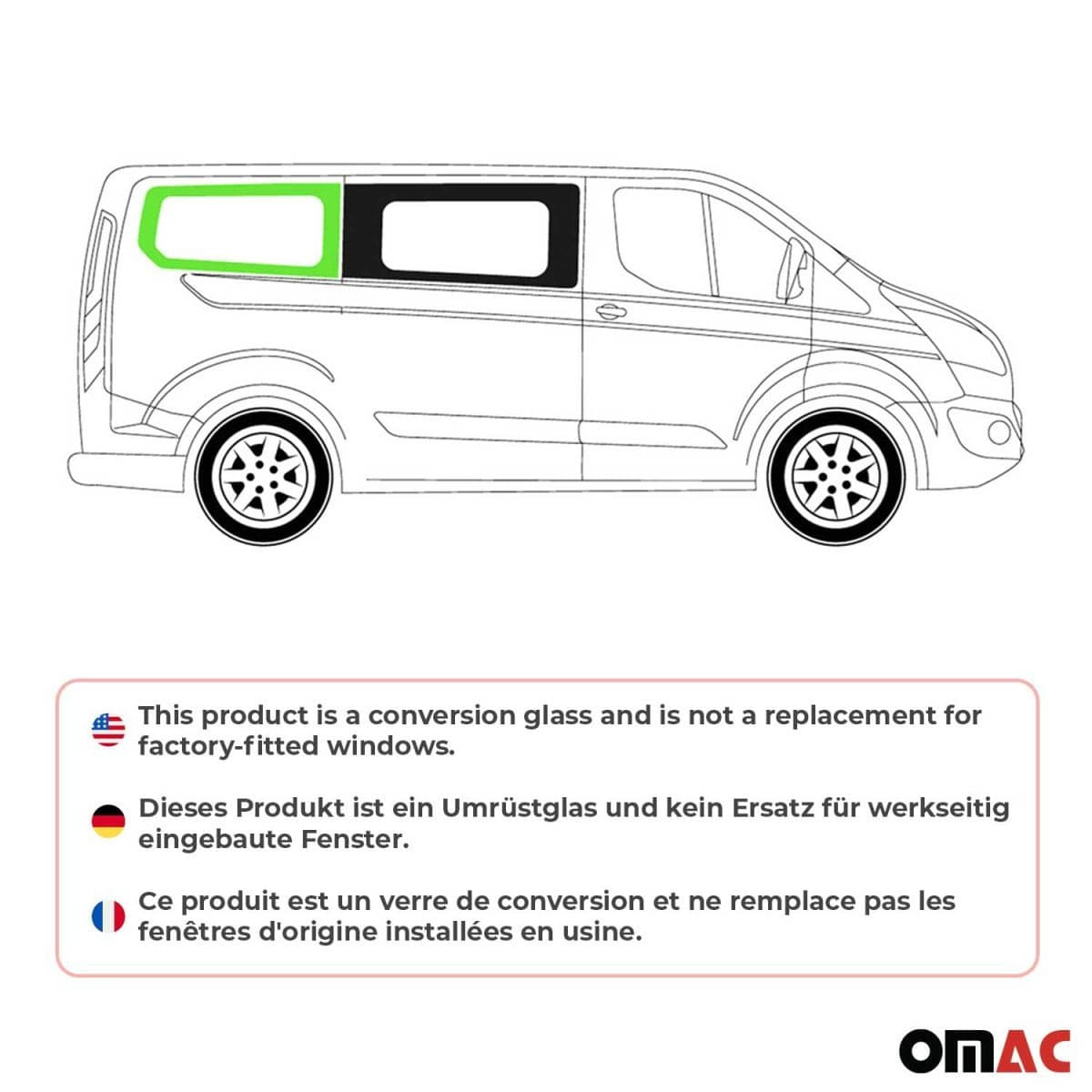 OMAC Seitenfenster Seitenscheibe Ford Transit Custom L1 Bj. 2013-2023 Hinten Rechts - 2624405-1RSFR