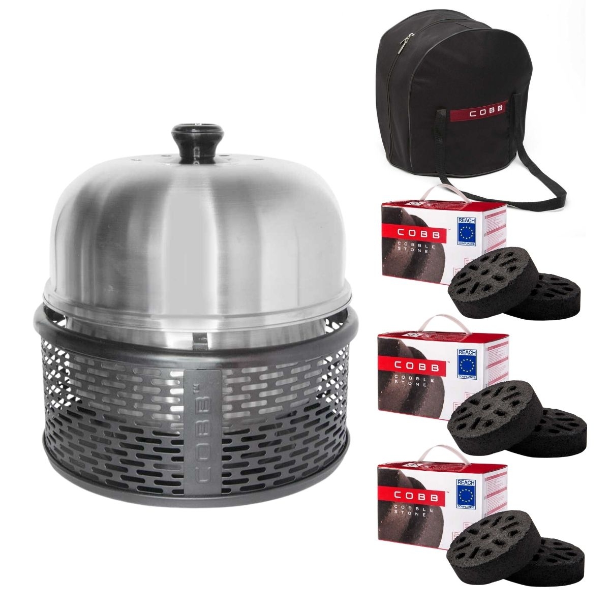 COBB Pro Black und Grillplatte und Tasche und 3x Cobble Stone