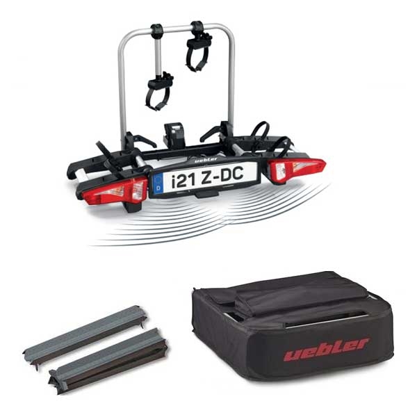 Set UEBLER i21 Z-DC Fahrradtraeger 18190DC 2 Raeder mit 60° Abklappung Rueckfahrkontrolle Tasche Auffahrschiene