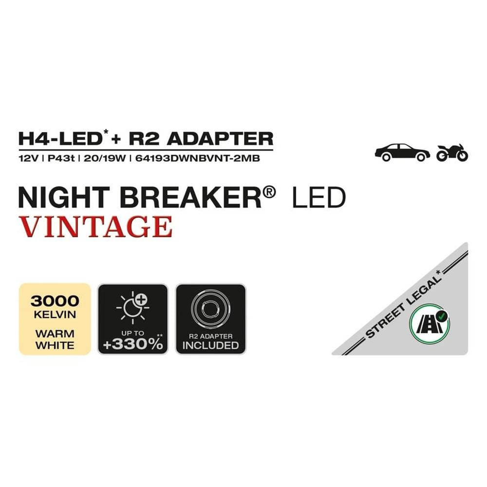 OSRAM NIGHT BREAKER® LED VINTAGE H4 - R2 Adapter Fern- und Abblendlichtlampe 2er-Set - 64193DWNBVNT-2MB