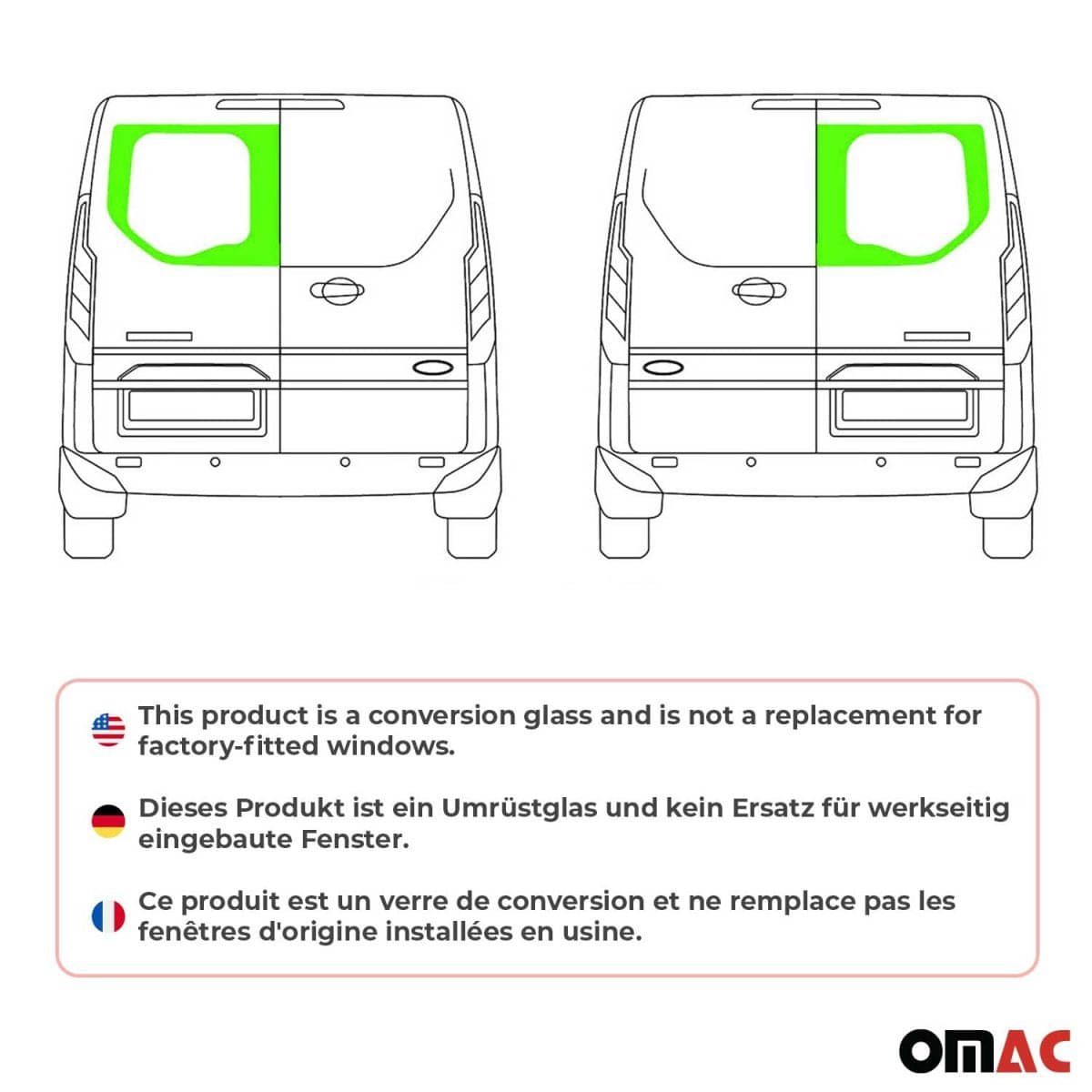 OMAC Heckscheibe Heckfenster Ford Transit Custom L1-L2 Bj. 2013-2023 2er-Set Links-Rechts - 2624405-1BDF-SET