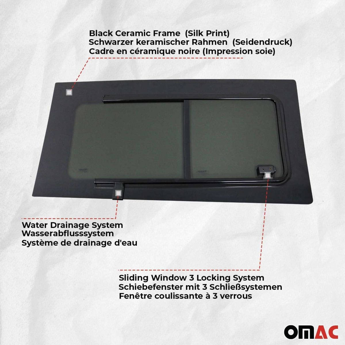 OMAC Seitenfenster Schiebefenster VW T4 L1/L2 Bj. 1990-2003 Vorne Rechts OMAC Seitenfenster Schiebefenster VW T4 L1-L2 Bj. 1990-2003 Vorne Rechts - 7521405-1FSSR