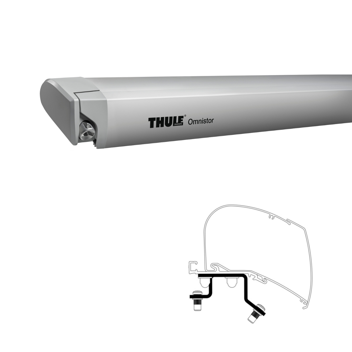 THULE Luifel 6300 Mystic grijs 350 cm behuizing geanodiseerd incl. adapter Renault Master vanaf bouwjaar 24 L3H2 Thule Omnistor 6300 -3-50x2.50- - 302240 - Markise THULE Omnistor 6300 Mystic grau 350 cm Gehaeuse eloxiert