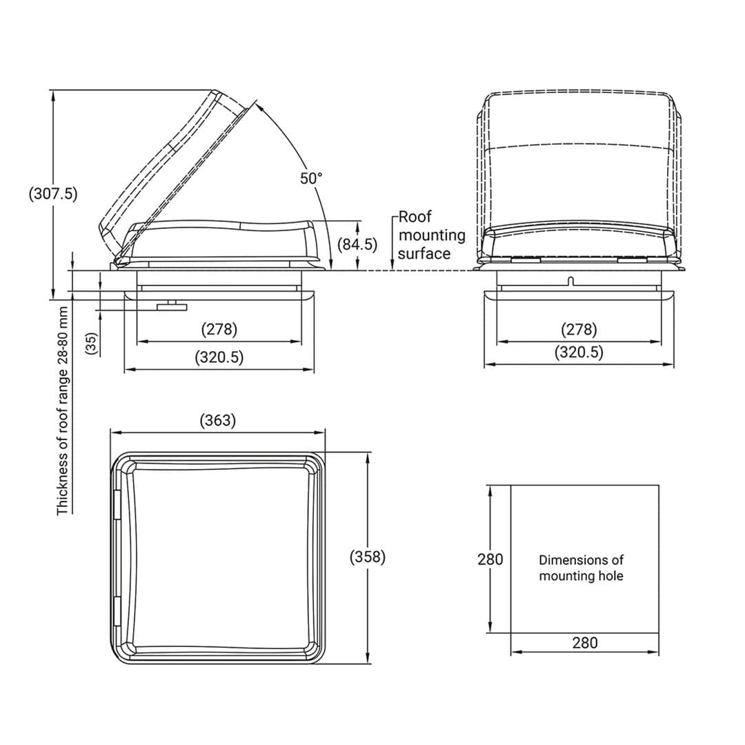 ProPlus Dachhaube mit 12V-Ventilator- 280x280 mm- Dachstaerke 28-80 mm- ohne Zwangsbelueftung- Weiss 610900V01