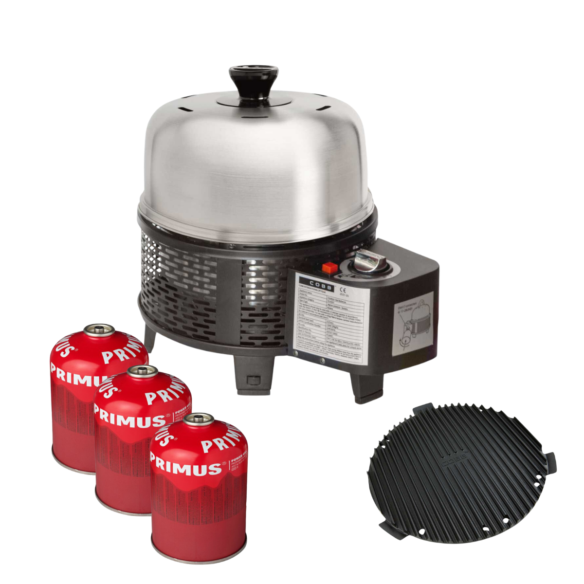 COBB Pro Gas Black und Grillplatte und 3x Primus Gaskartusche