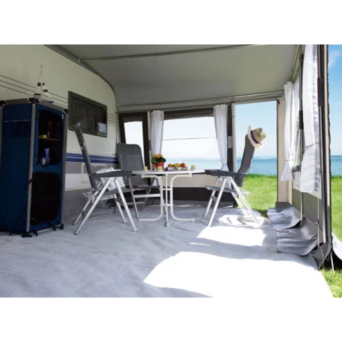 DWT Wohnwagen-Vorzelt TANGO Gr. 14 Umlaufmass 941-970 cm Tiefe 240 cm mit 32 mm Alu-Gestaenge - 128214A32