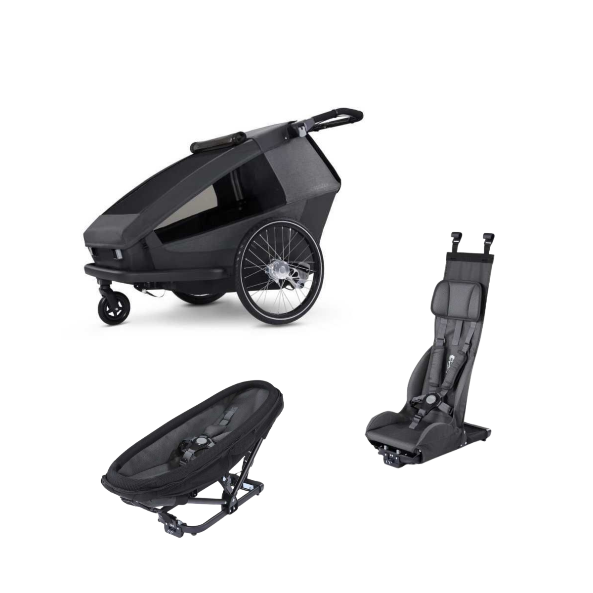 CROOZER Kinderfahrradanhänger Kid Yuuna Moonlight Black mit Babyliege und Basis-Sitz