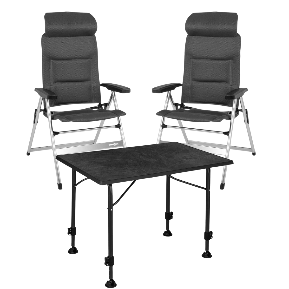 BRUNNER Campingstuhl ARAVEL H2L Dunkelgrau 2er-Set - Tisch LINEAR 80 Black - 0404052N-C25 0406036N.C69