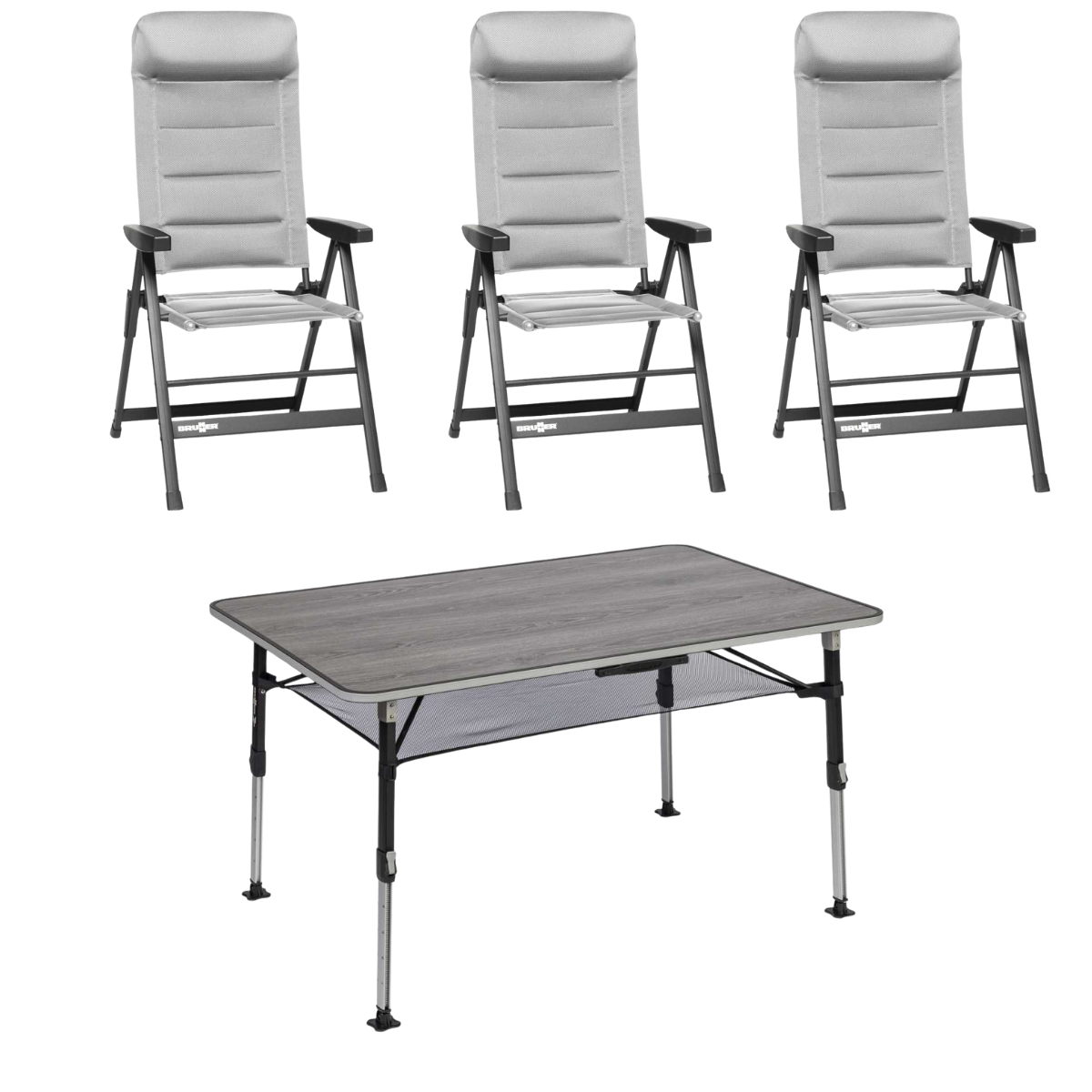 BRUNNER Campingstuhl SKYE 3D Hellgrau 3er-Set - Tisch ELU NG 120x80 cm - 0404063N.C06 0406043N